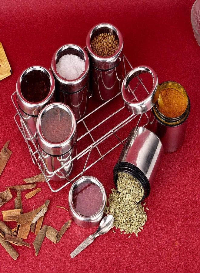 MILTLIFE® 6 in 1 Stainless Steel Masala Box with Stand | Spice Container For Kitchen | Steel Masala Container set | 6 Masala Dani & 6 Stainless Steel Spoon | Silver, 175ml Each - Image 1